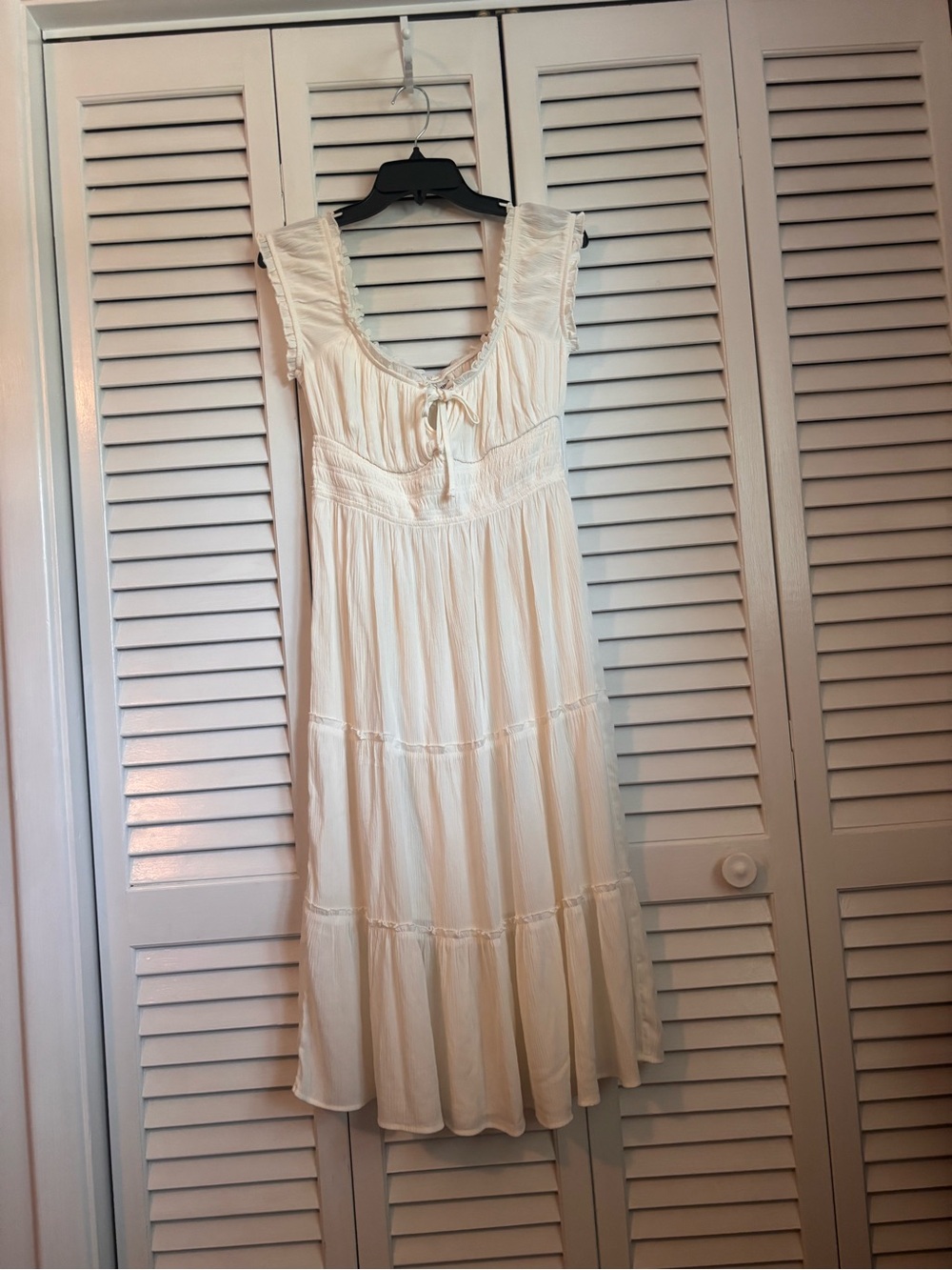 Fairycore Coquette Girly Girl Cream Tiered Midi Dress with Tie Front